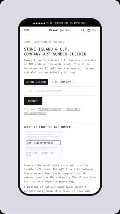 We built a tool where you can either look up an article number and find out which season it’s from. Or, you can upload your own favorite Stone Island or C.P. Company item into the community archive. Uploads will be verified by the community.

Please let us know through a DM if you are facing any problems using it.

Link in bio.

#stoneisland #cpcompany